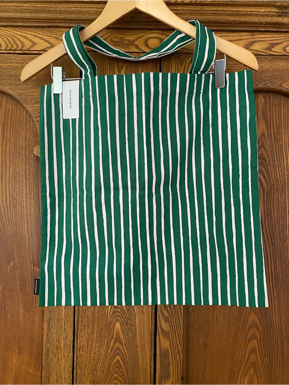 Marimekko Jokapoika green pink stripe print  cotton reusable tote bag 17” x 17”